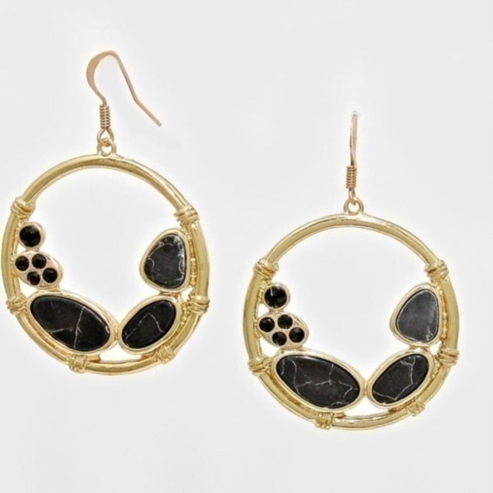 Gold Plated Stone Ornate Fish Hooks Earrings